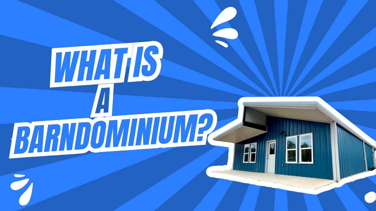 A blue striped background with a barndominium building next to the title "What is a barndominium?"